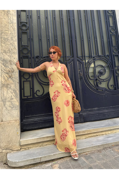 Bak'ap Premium Lined Butter Yellow Yellow Floral Patterned Tulle Long Backless Dress