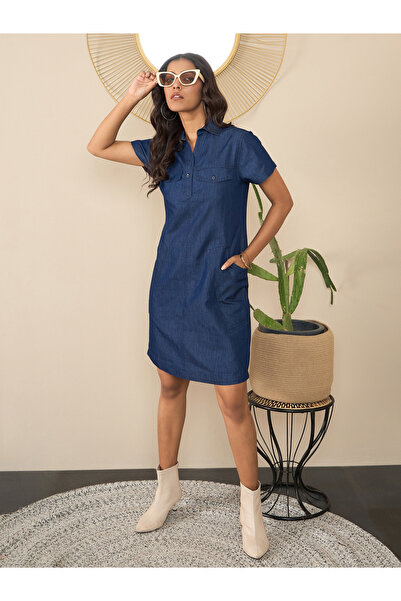 Stylestone By Styli Blue Denim Mini Dress with Pockets Detail