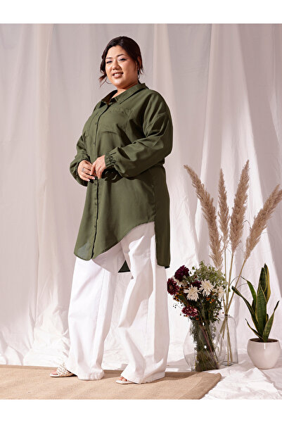 CURVY STREET By Styli Plus Olive Oversized Shirt with Pockets