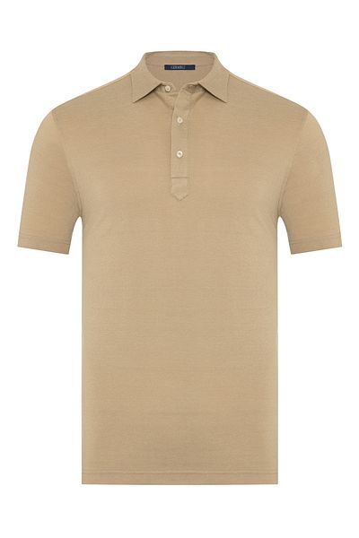 Germirli Beige Piquet Shirt Collar Regular Fit Mercerized Cotton T-Shirt