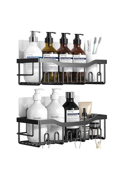 Elindor Shower shelf, bathroom shelf, for kitchen storage, bathroom organizer, adhesive mount, Black