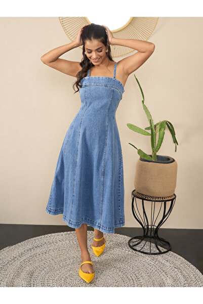 Stylestone By Styli Blue Strappy Denim Midi Dress