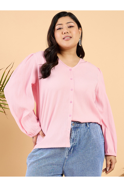 CURVY STREET By Styli Plus Size Solid V-Neck Puff Sleeve Top
