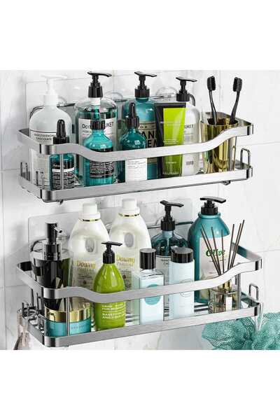 Elindor Set of 2 shower shelves, adhesive mount, bathroom/kitchen organizer, stainless steel, silver