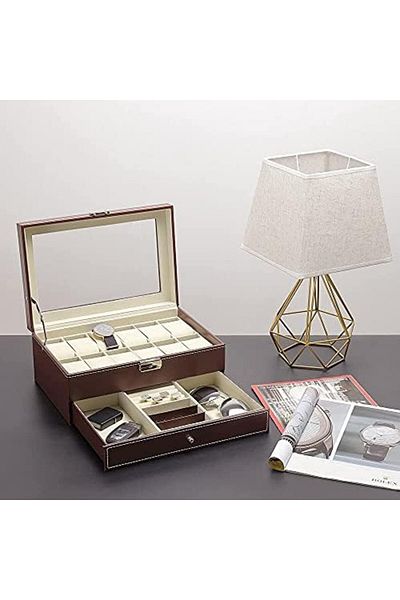 PADOM Watch Box with Glass Lid, 12 Slots PU Leather Case 2-Layer Watch Organizer with Jewelry Drawer