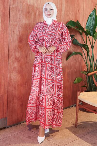 hafsamina Ethnic Patterned Modal Dress Red Hm2799