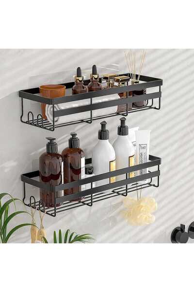 Elindor Set of 2 shower shelves, adhesive mounting, no holes, bathroom/kitchen organizer, black