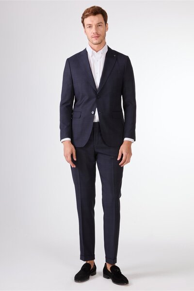 Dufy K.Navy Blue Herringbone Men's Suit - Slim Fit
