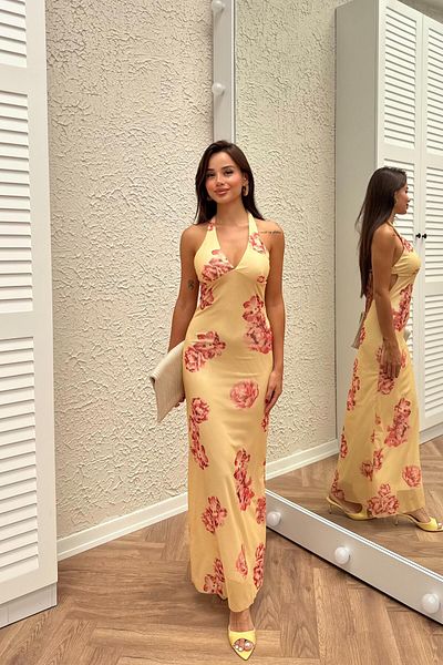 Bak'ap Premium Lined Butter Yellow Yellow Floral Patterned Tulle Long Backless Dress