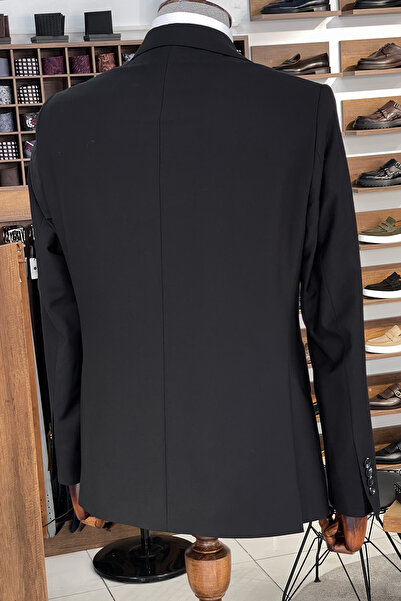 NAZEF Özel Tasarım Dar Kesim Sivri Yaka Kruvaze Siyah Takım Elbise