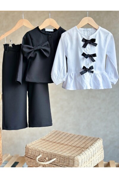 Pinkitokids Ribbon Detail Jacket-Shirt and Pants 3-Piece Girl's Suit