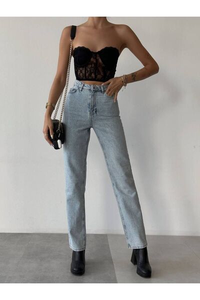 kleshus Blugi Boyfriend cu talie înaltă din lycra albastru de zăpadă Pantalon...