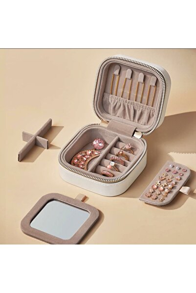 newnet New Design Mini White Jewelry Box - Special Mirrored Zipper Earring Necklace Ring Organizer