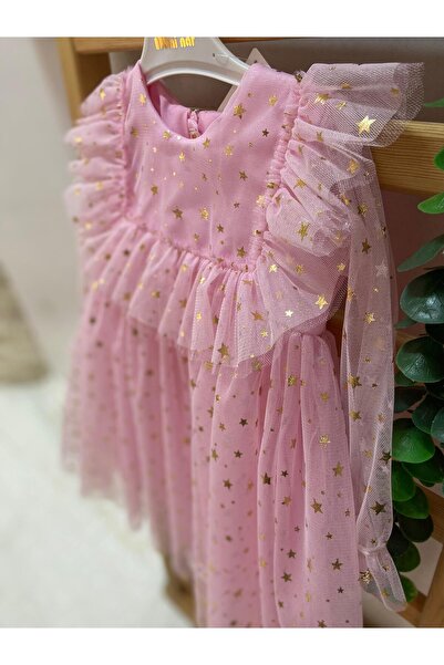 Enaday kids kız çocuk doğum günü parti düğün mevsimlik tüllü yıldız desenli elbise