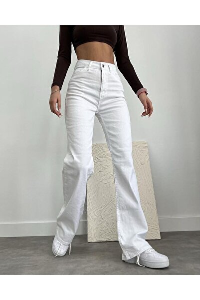 beeke White Lycra Free Super High Waist Wide Leg Palazzo Loose Jean Pants(Full Fit)