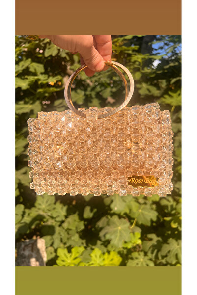 Rose Boncuk çanta krem bal rengi gece nişan ve davetlerde şık çanta