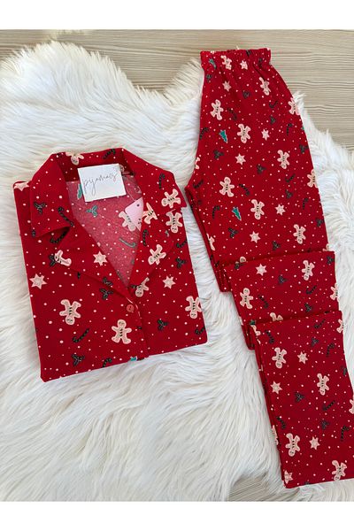 Pijamacs Red Cookie Man Patterned Suede Shirt Collar Long Sleeve Pajama Set