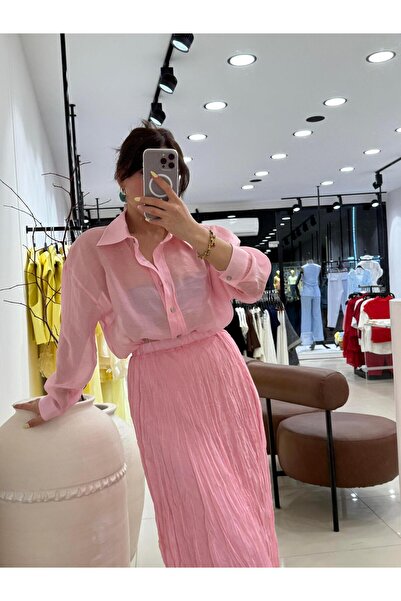 Şulenin Butiği RAHAT KESİM TÜL GÖMLEK PEMBE