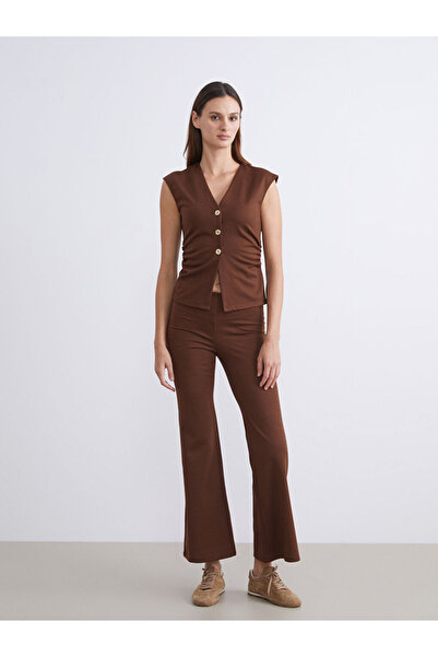 LC Waikiki Brown V-Neck Gathered Women's Classic Vest