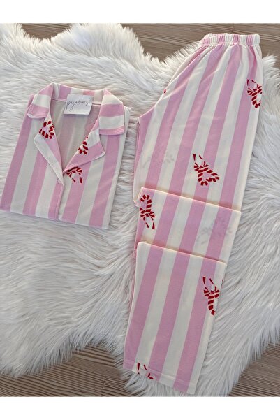 Pijamacs Pembe Çizgili Şeker Kalp Desenli Süet Gömlek Yaka Uzun Kol Pijama Takımı