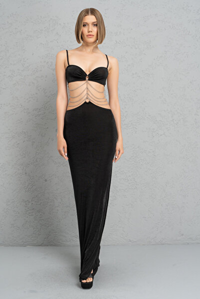 Kikiriki Black Waist Chain Detailed Maxi Dress