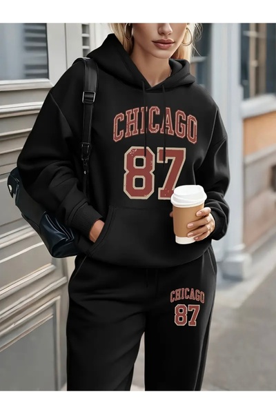 FUFLUNS طقم بدلة رياضية بقلنسوة كبيرة الحجم للنساء/الرجال مطبوعة من شيكاغو 86...