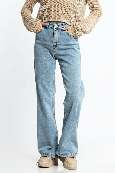 kleshus Trend femei cu talie înaltă spălat cu zăpadă blugi largi, albastru gh...