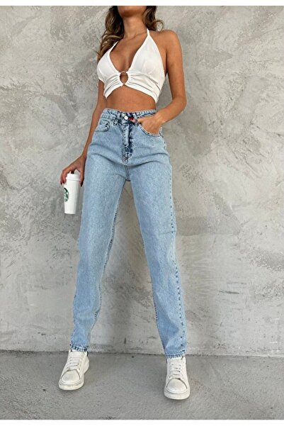 kleshus Pantaloni Mom Jean din Lycra albastru spălat cu zăpadă (ESTE MULATUL)