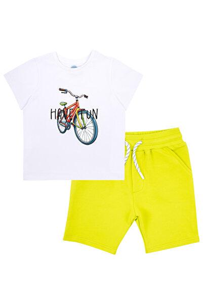 Mavipink Erkek Çocuk Pamuklu Bisiklet Baskılı Tişört ve Yeşil Şortlu Takım