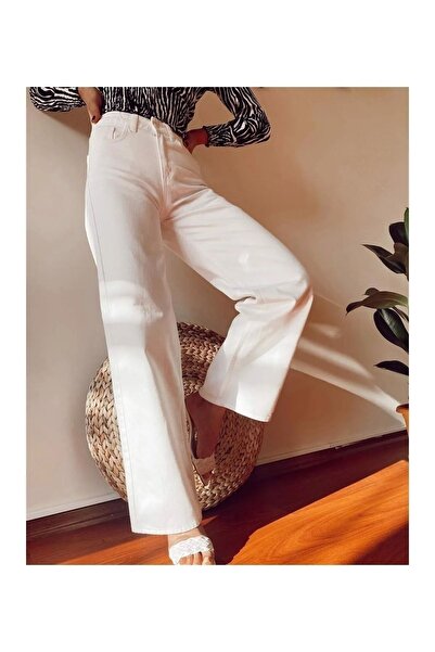 beeke Pantaloni de damă Julyy Super talie înaltă de culoare albă, largi, cu picioare largi