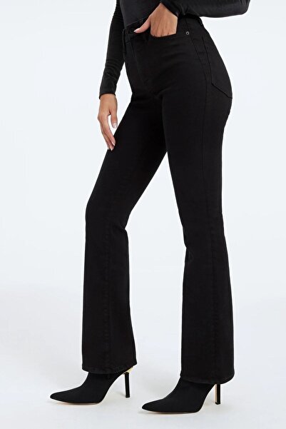 kleshus بنطلون جينز نسائي من Max Vega عالي الخصر أسود بفتحة إسبانية من الليكرا