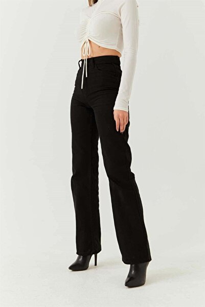 WODDİ Tegan Power Lycra Black Super High Waist Lycra Loose Leg Denim Jeans