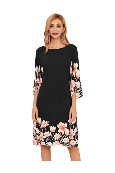 GRACE KARIN Rochie elegantă până la genunchi, mulată, mâneci 3/4, neagră cu f...