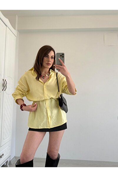 Şulenin Butiği BAĞLAMALI %100 KETEN GÖMLEK SARI