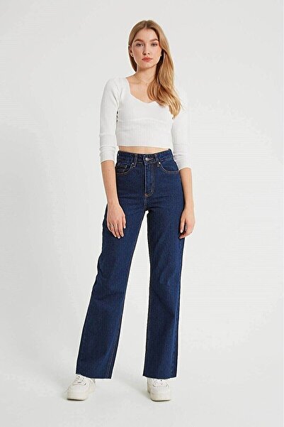 beeke Navy Blue High Waist Loose Leg Denim Jeans Trousers Loose (Lycra / )(Fu...