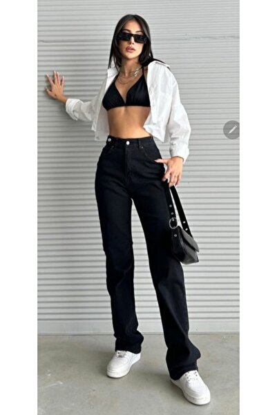 kleshus Pantaloni largi din lycra neagră, cu talie super înaltă, cu picioare ...