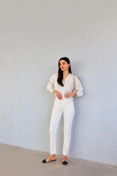 kleshus بنطلون ليانا وايت مام جيناس من الدنيم الليكرا عالي الخصر