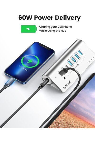 Orico Powered USB Hub 10Gbps, 7-Port USB 3.2 Gen 2 with PD 60W (Silver)