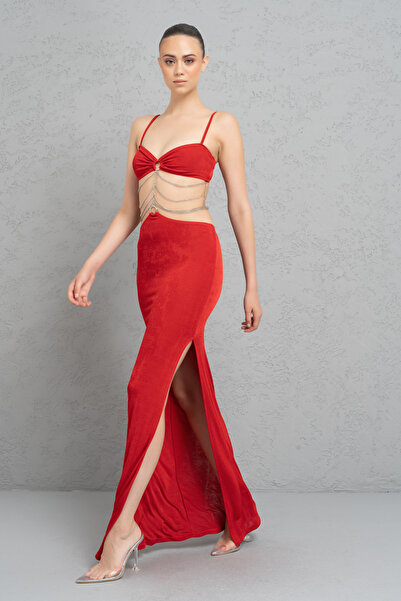 Kikiriki Red Waist Chain Detailed Maxi Dress
