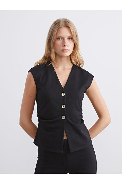 LC Waikiki Black V-Neck Gathered Women's Classic Vest