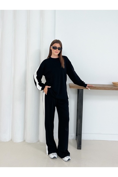 Gameyal Women's Modal Fabric Stripe Detailed Sweatshirt and Sweatpants Set