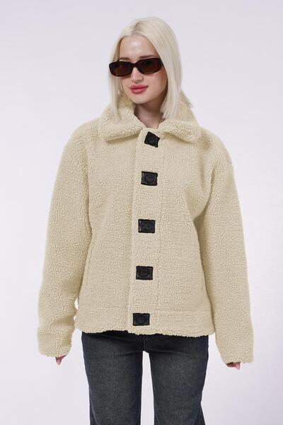 Madmext Beige Leather Detailed Women's Plush Coat Mg2485