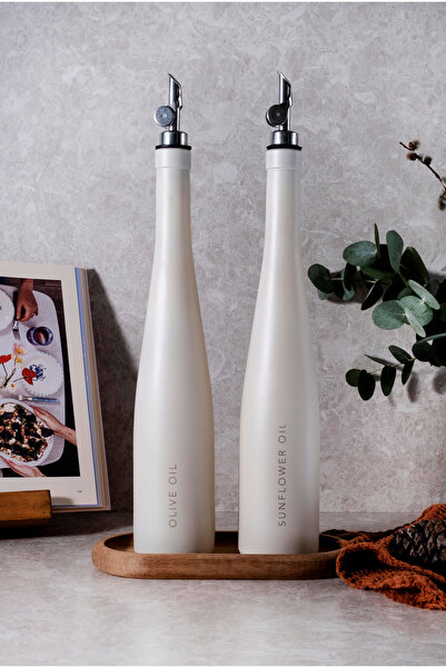 MIROU Prestige - 2'li 500ml Kırık Beyaz Dekorlu Cam Yağlık Seti - Gümüş Başlı...