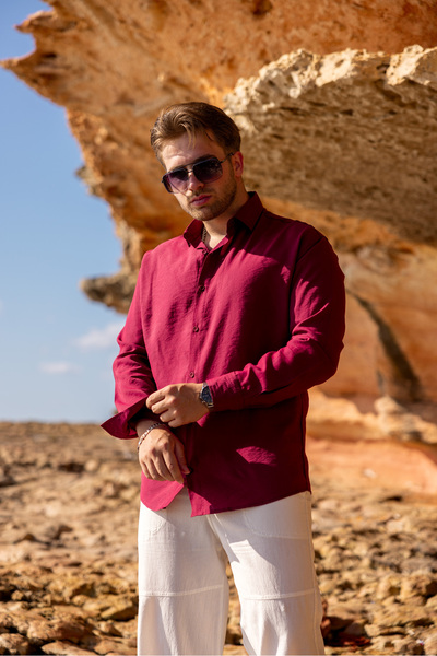 COMBİNE MİCHAİL Men's Long Sleeve Summer Basic Burgundy Loose Shirt