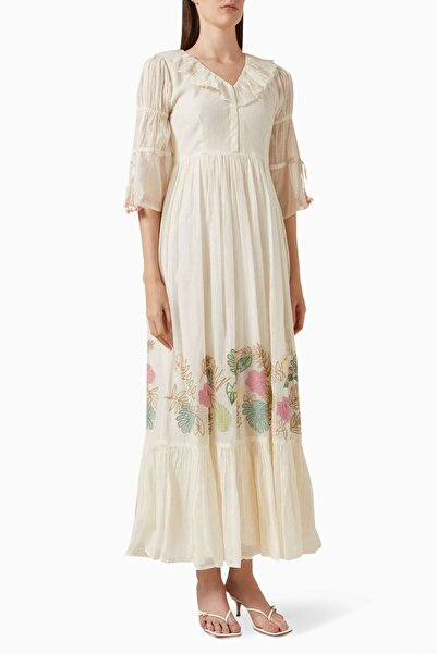 AEKATRI Simple and Stylish Cotton-Satin Maxi Dress with Floral Embroidery and...