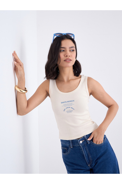 Styli Off White Fitted Ribbed Tank
