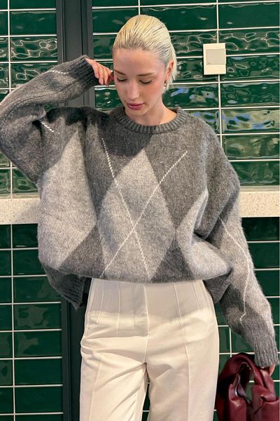 Madmext Dark Gray Crew Neck Geometric Pattern Women's Sweater Mg2471