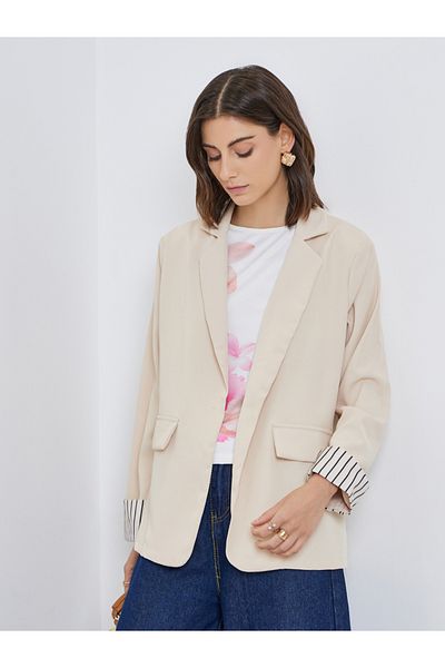 Styli Women Striped Cuff Regular Fit Blazer