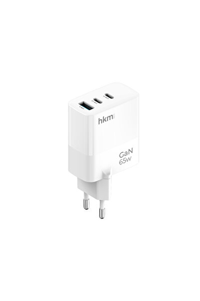 hkm tech GaN MULTI 65W USB-A ve 2*Type-C Üç Portlu Hızlı Şarj Aleti, Güç Adap...