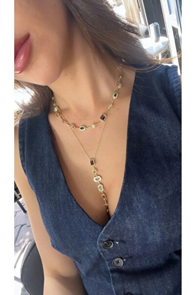 GUNESTAKI Gold Renkli Taşlı Tamtur Element Kolye, Y Kolye 2li Set